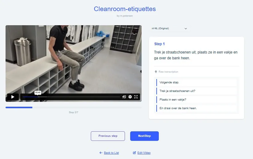 Cleanroom-werkinstructie stap 1: straatschoenen uittrekken en over de bank gaan