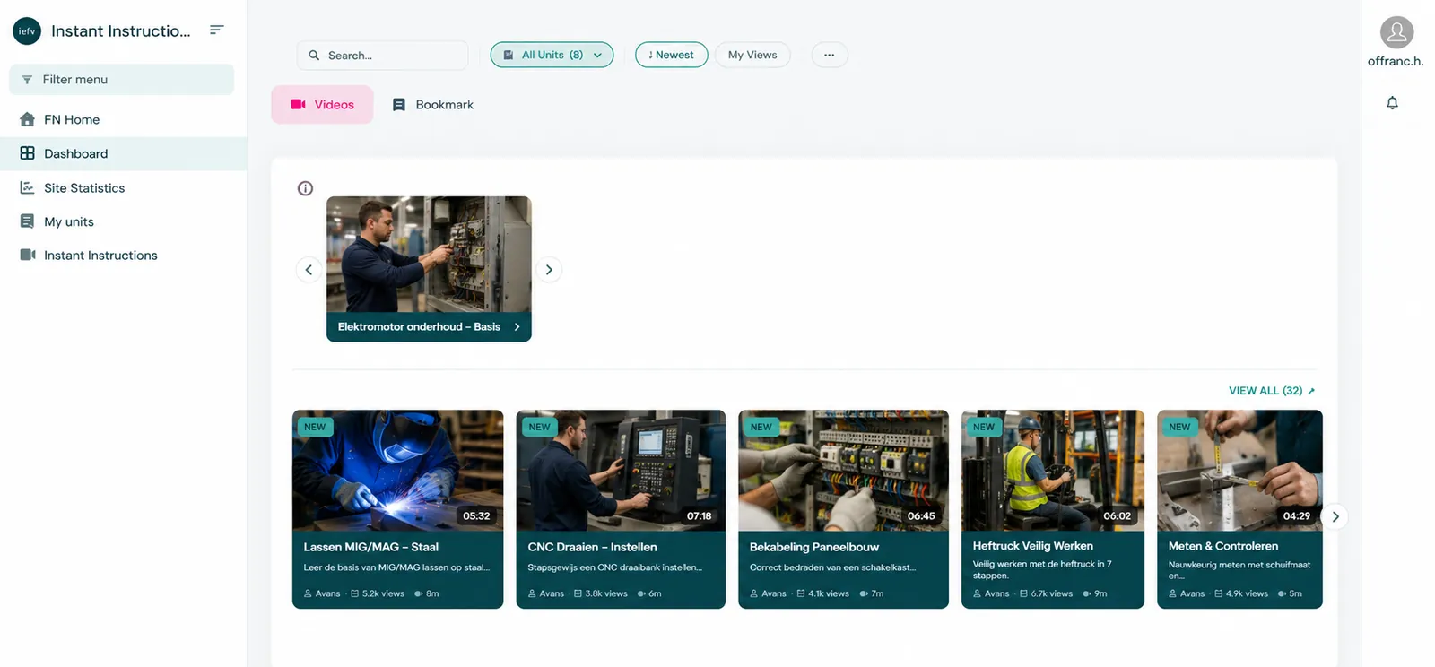 Instant Instructions dashboard met industriële werkinstructies (CNC, lassen, heftruck)