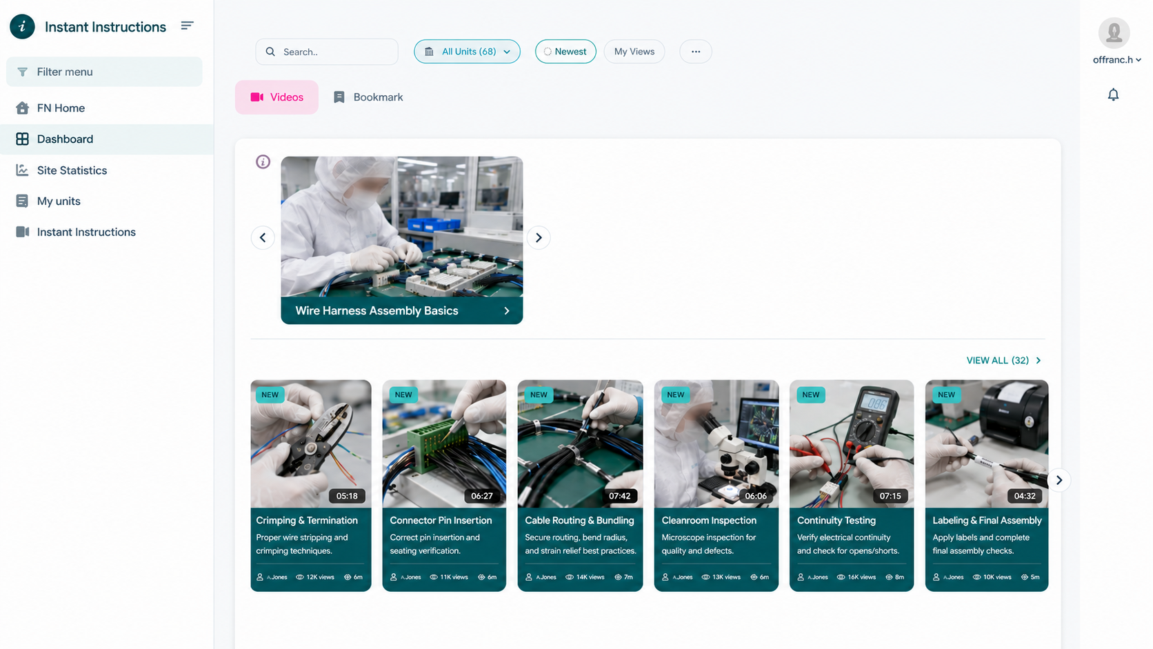 Instant Instructions dashboard met videobibliotheek voor werkinstructies
