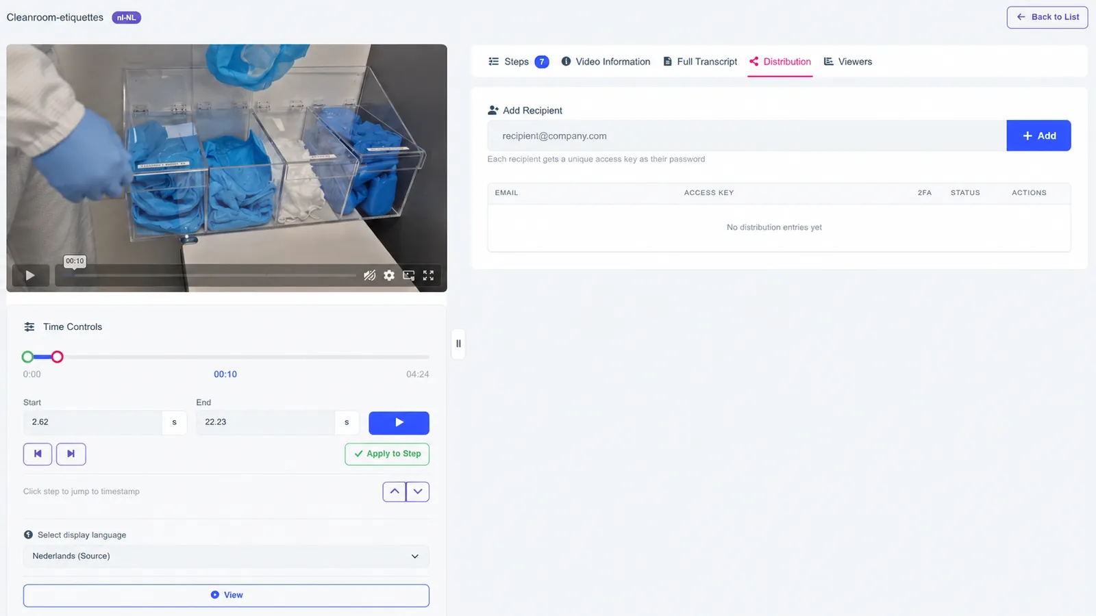 Instant Instructions editor: distributie, ontvangers toevoegen met toegangssleutel