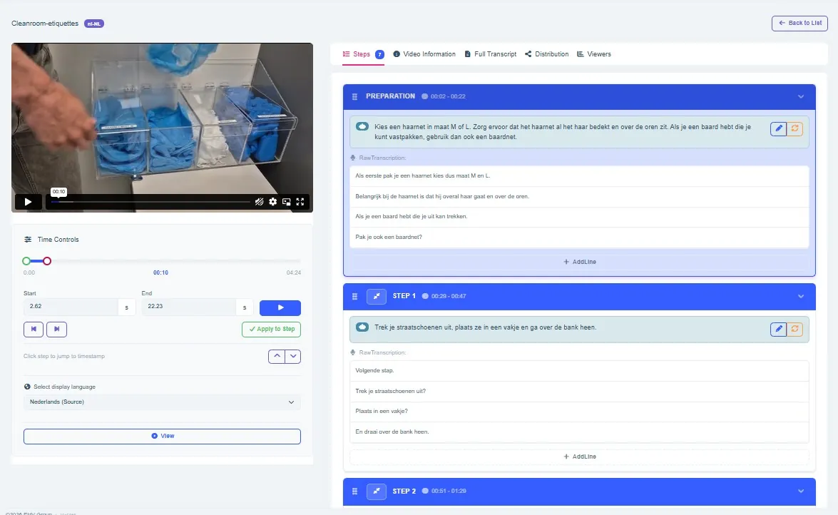 Instant Instructions editor: stappen met automatische transcriptie per stap