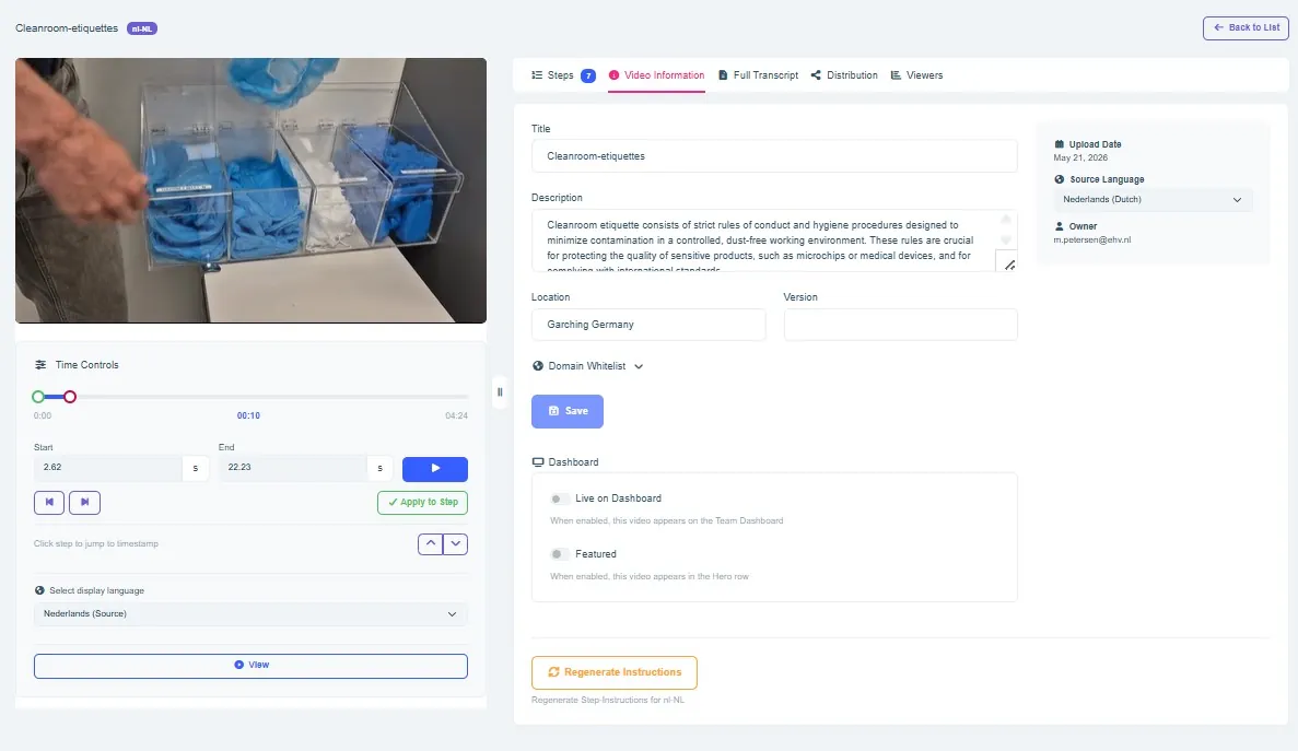 Instant Instructions editor: video-informatie met titel, beschrijving en taal