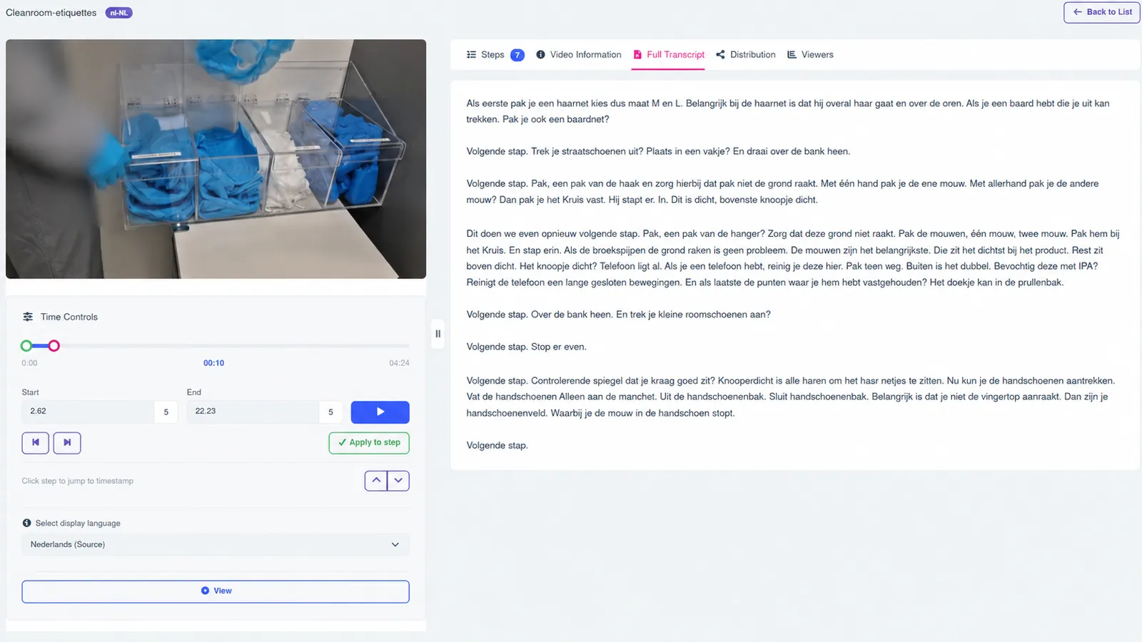 Instant Instructions editor: volledig transcript van de werkinstructie