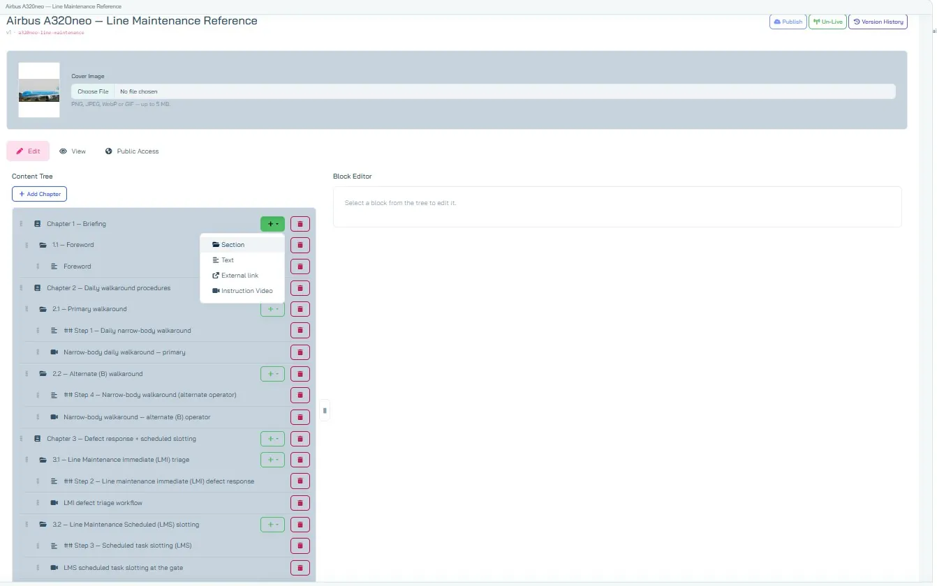 Instant Instructions SOP-playbook editor: blok toevoegen (sectie, tekst, video)