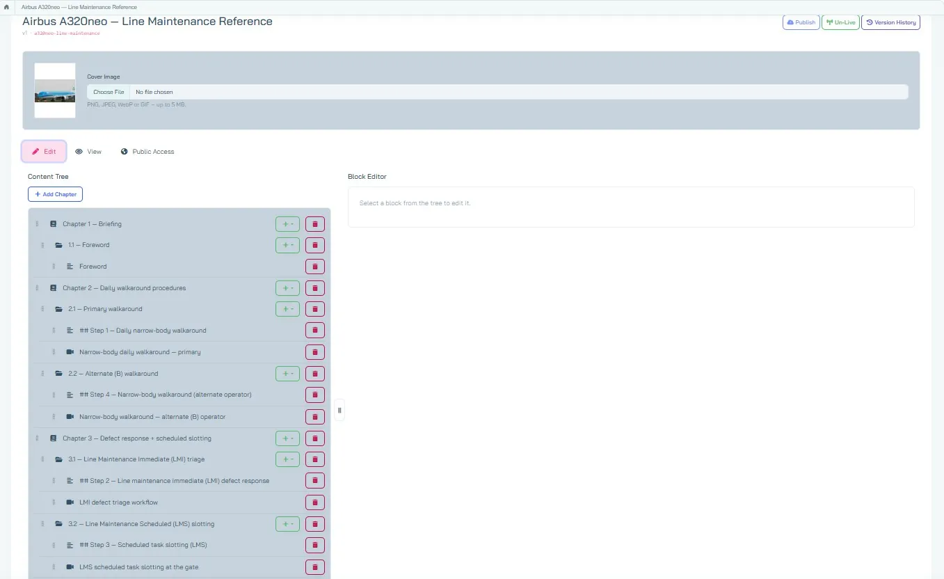 Instant Instructions SOP-playbook editor: inhoudsboom met hoofdstukken en stappen